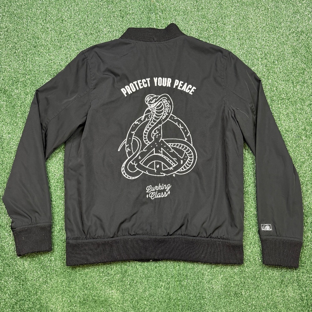 Lurking Class Bomber Jacket Men's Size M Black Cobra Graphic Full Zip Skater